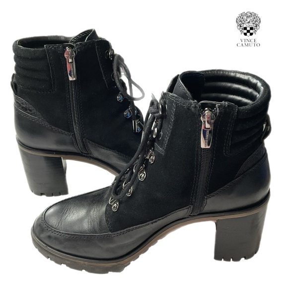 Vince Camuto Donenta 8M Black Shearling Lace-Up Ankle Boots Leather & Suede - Picture 1 of 16